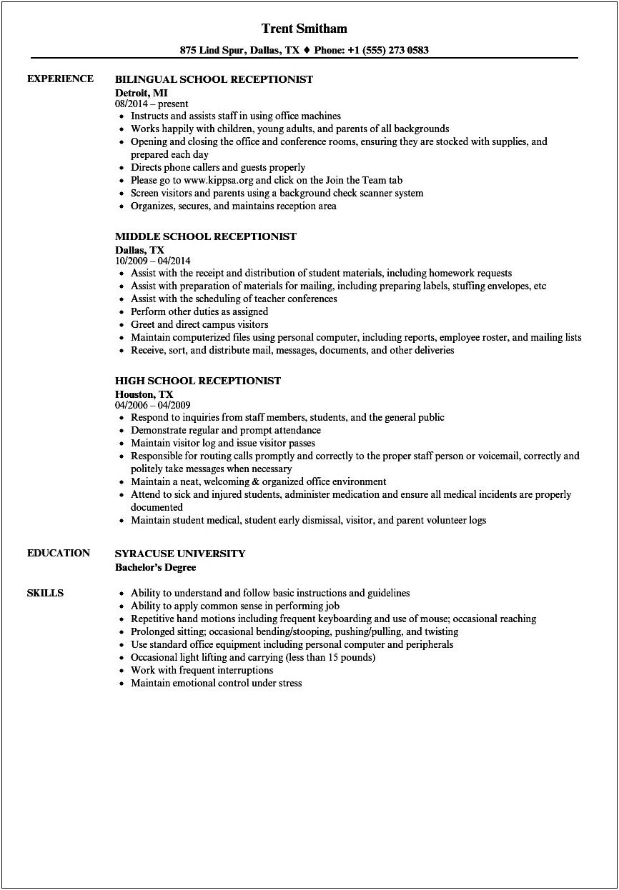 Resume Summary Sample For Receptionist