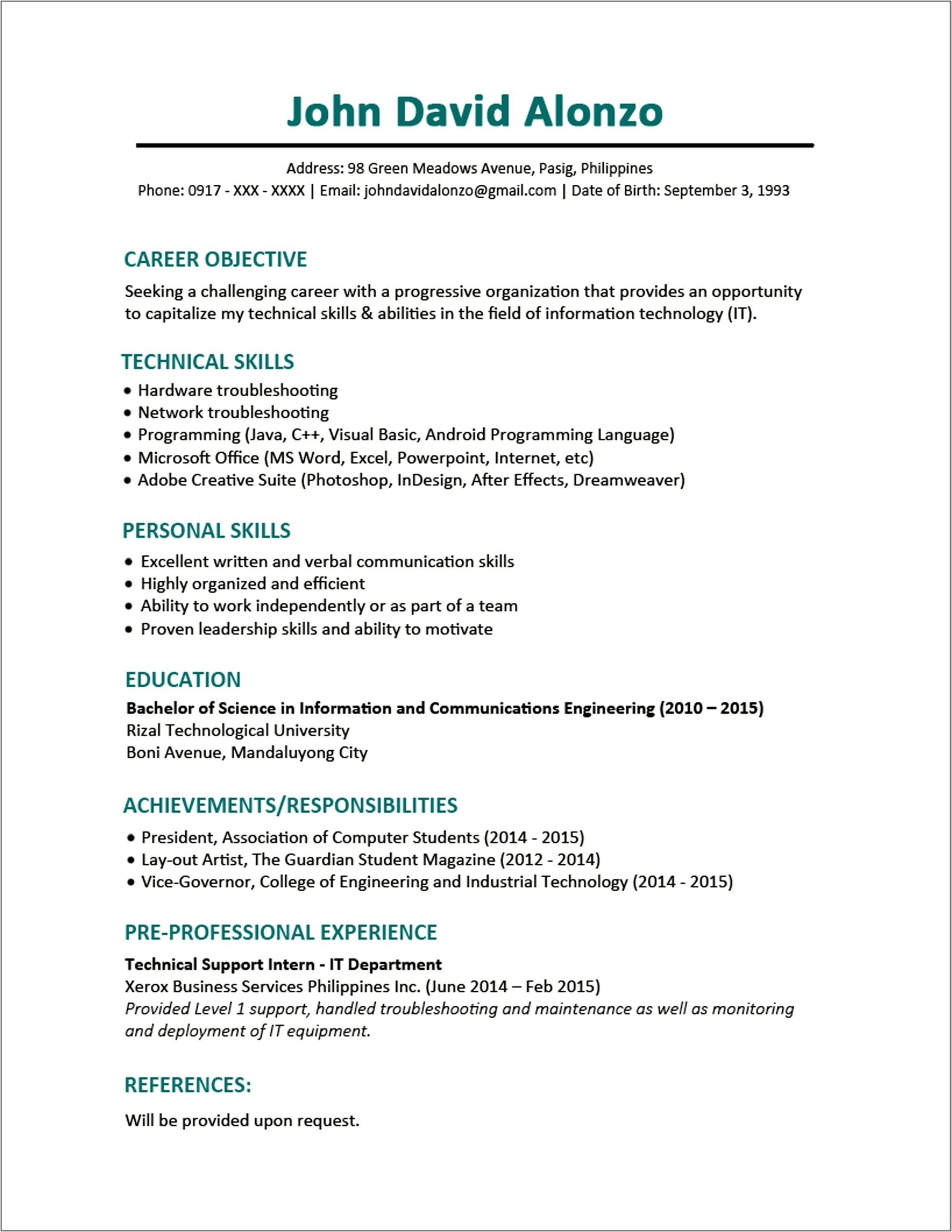 Resume Summary Samples For College Freshman