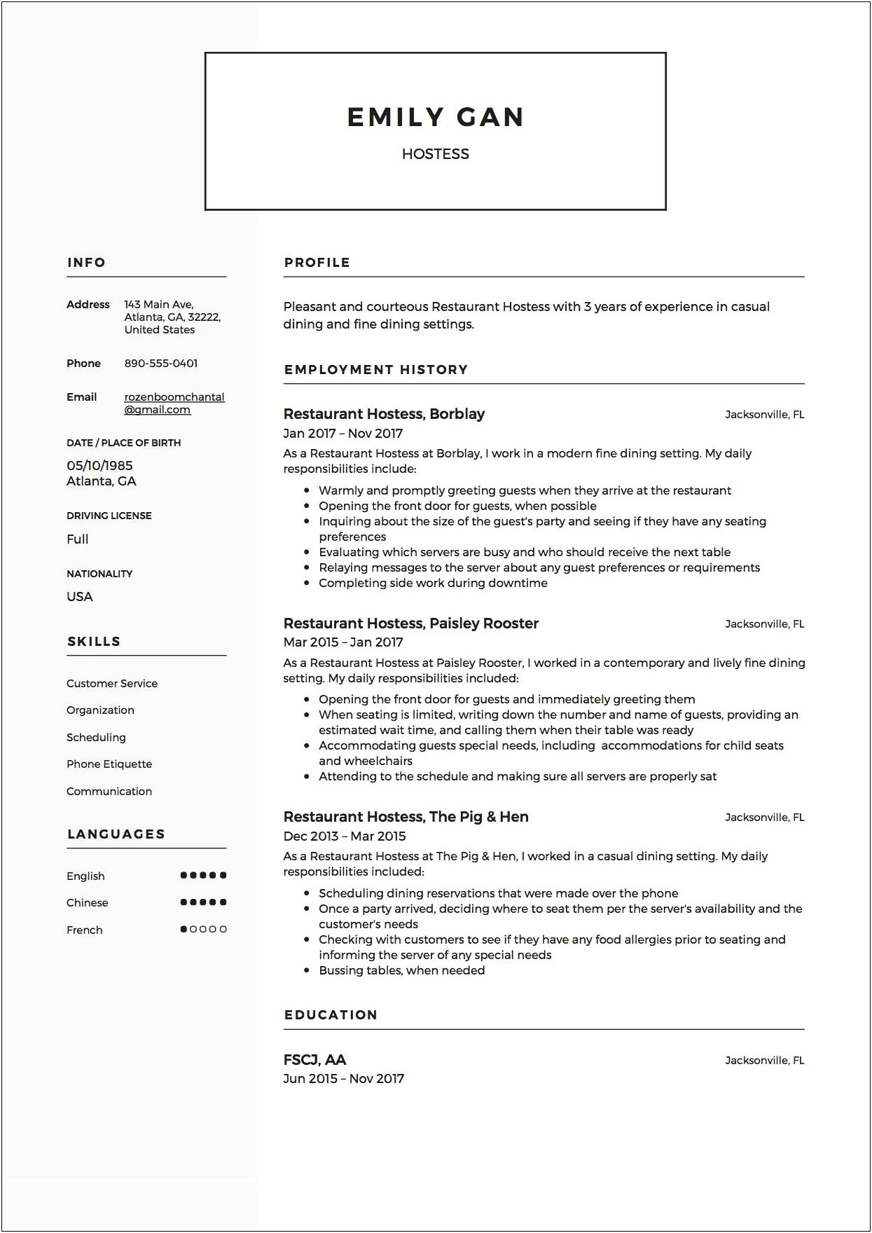 Resume Summary Samples For Host