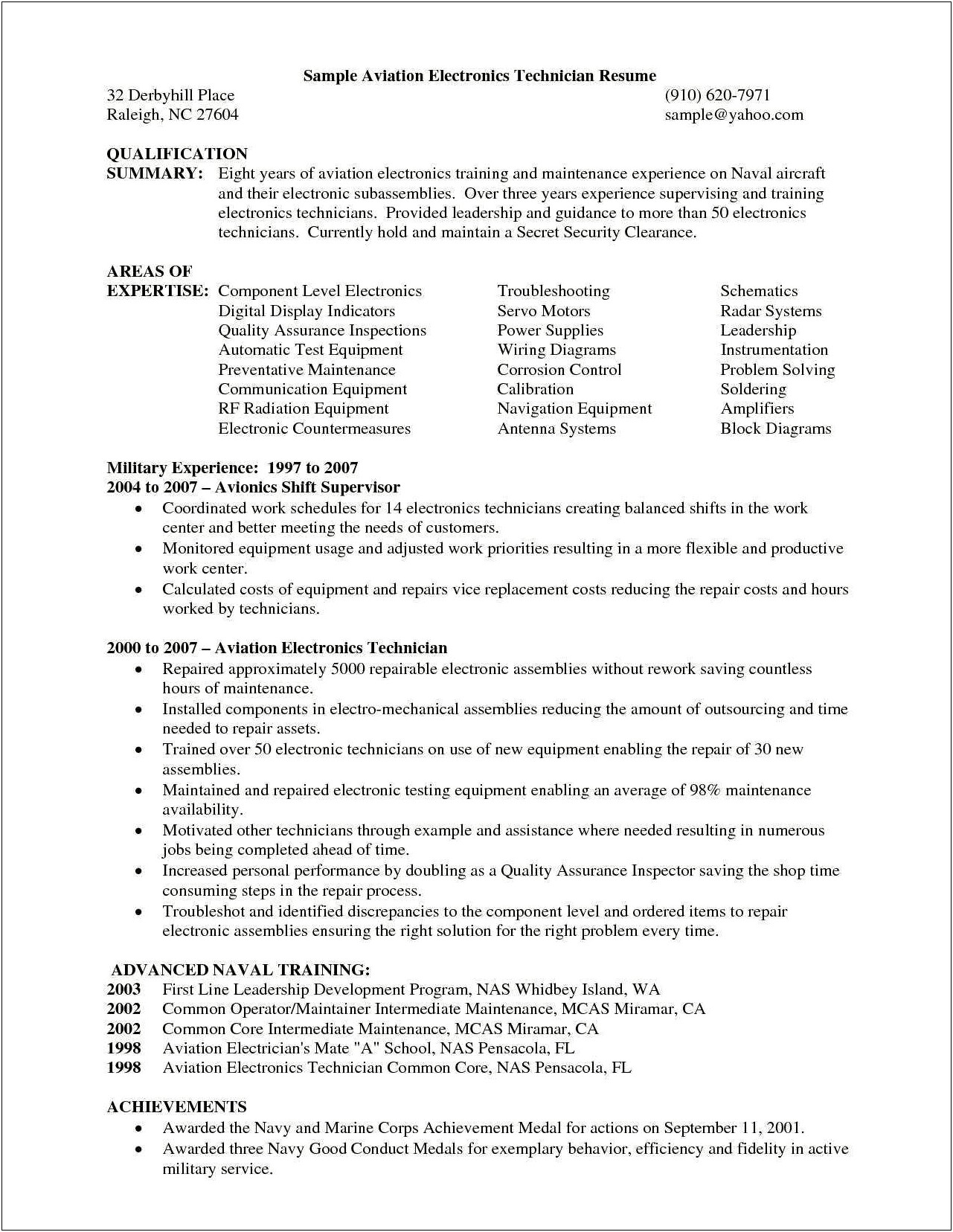 Resume Summary Section For Electronics Technician