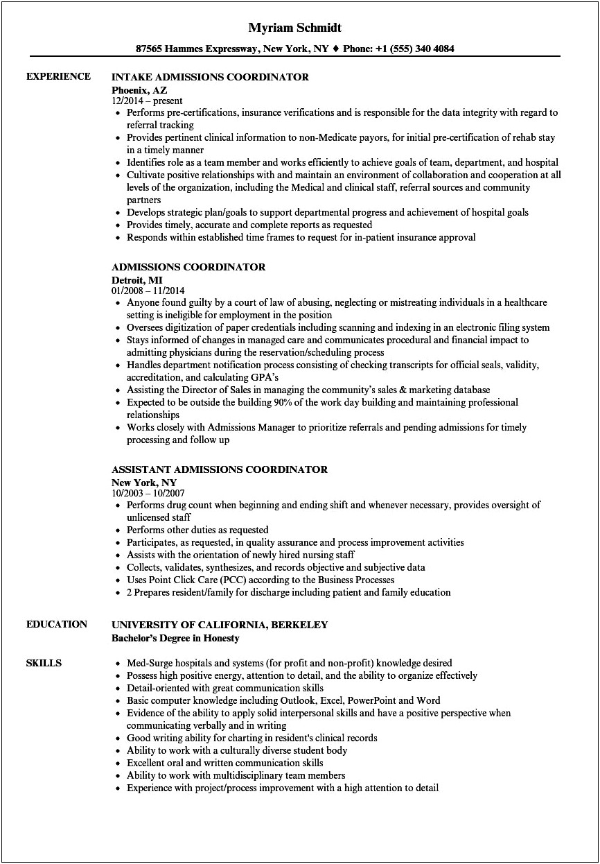 Resume Summary Statement For Admissions Coordinator Hospital