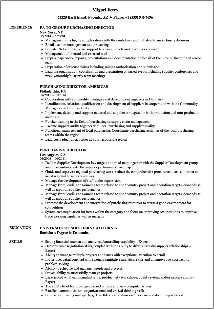 Resume Summary Statement For Purchasing Manager