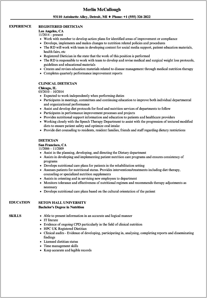 Resume Summary Statement For Registered Dietitian