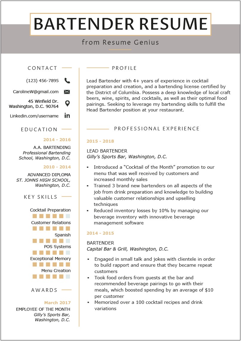 Resume Template Bartender No Experience With Photo