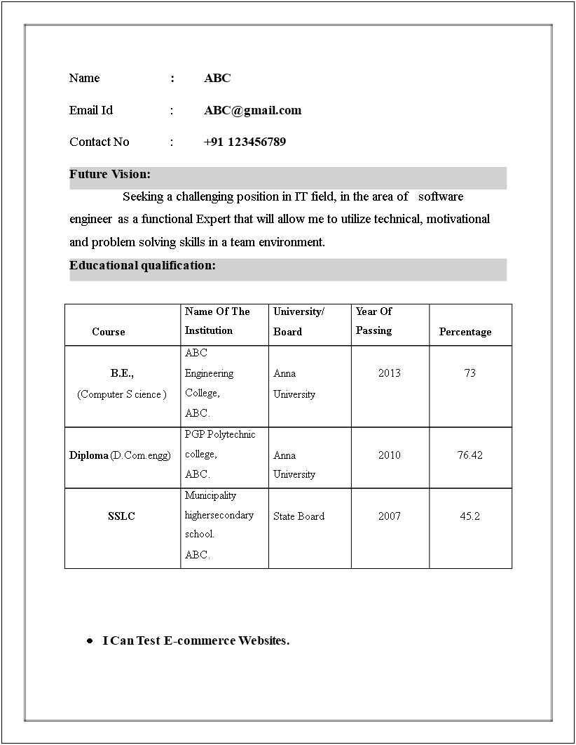 Resume Template Download For Engineering Freshers