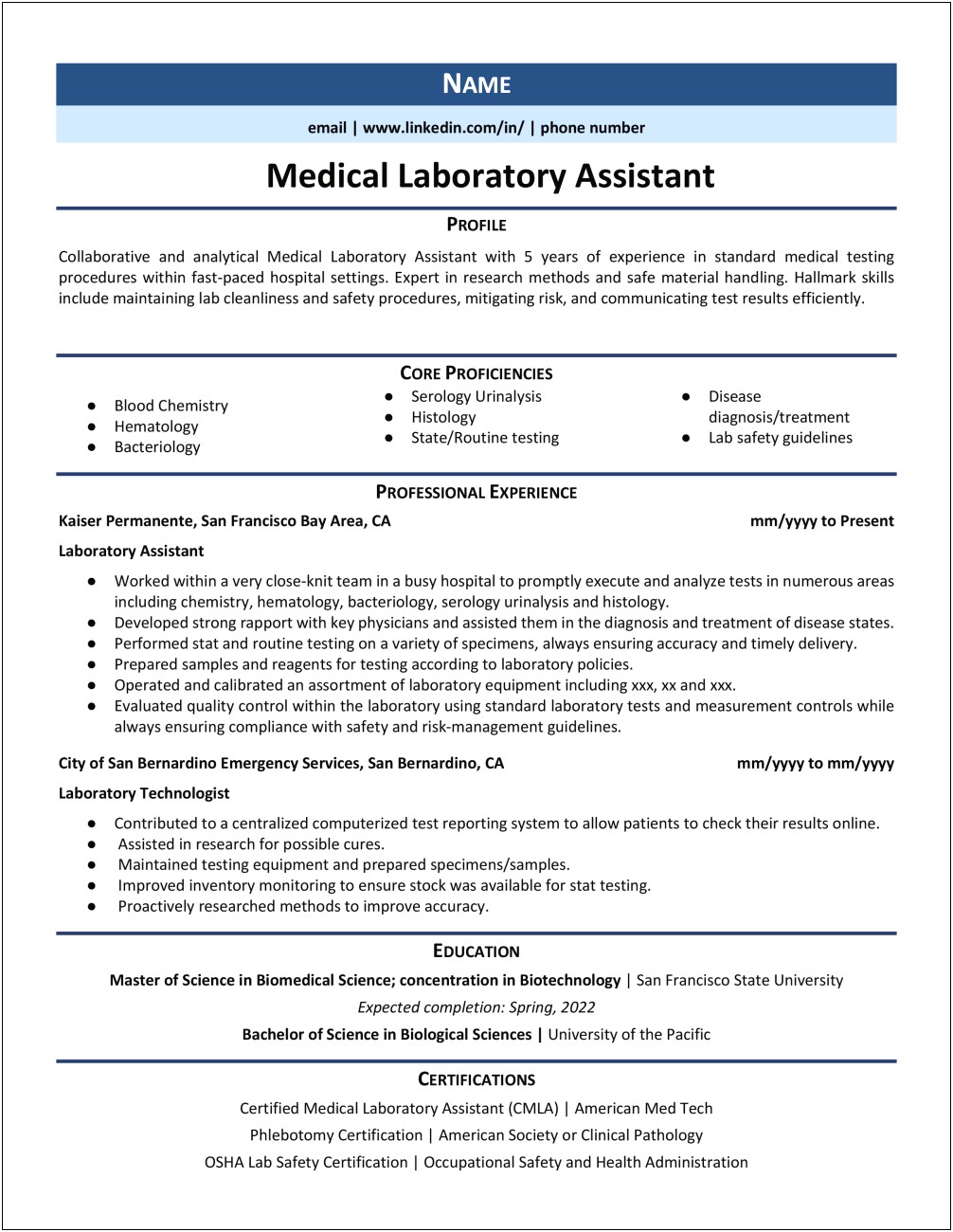 Resume Template For A Lab Technician