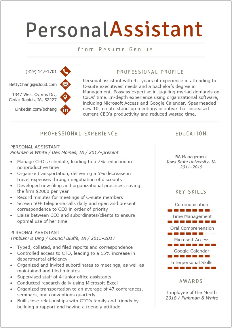 Resume Template For Administrative Personal Assistant