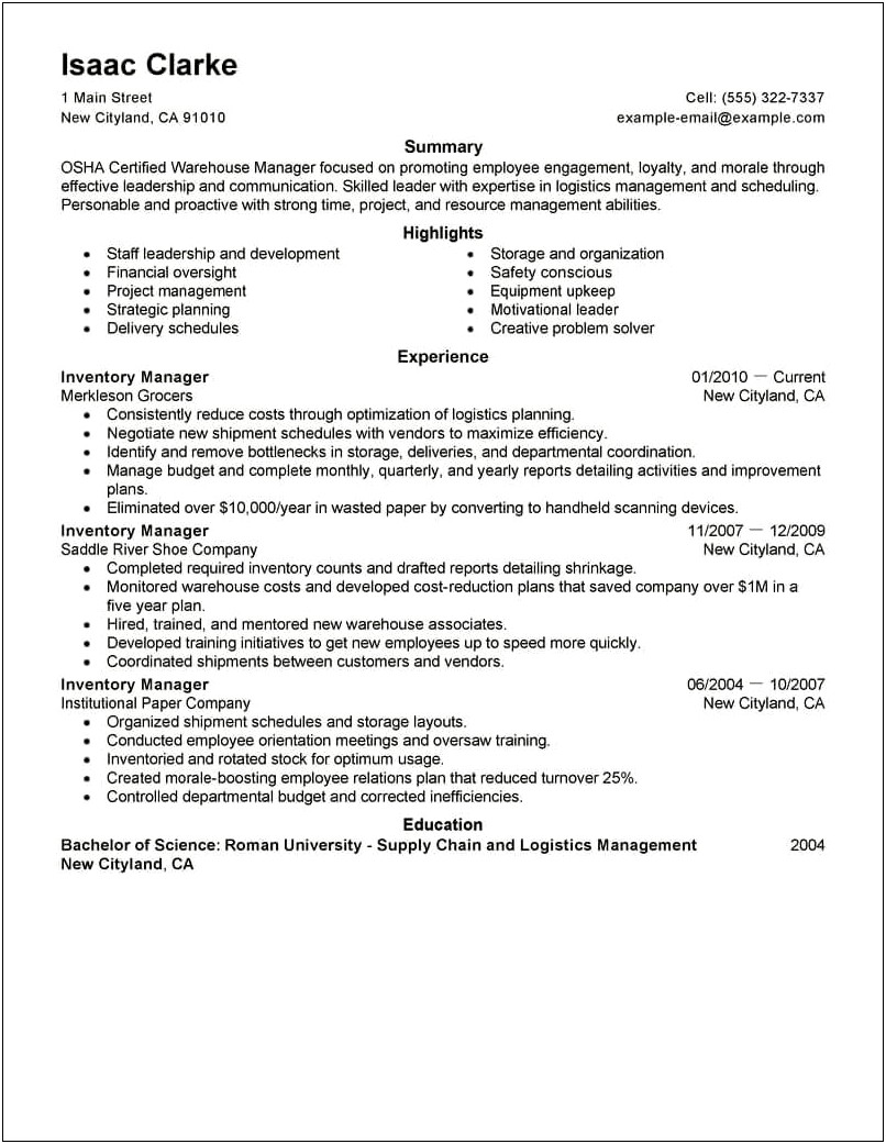 Resume Template For An Inventory Control Person