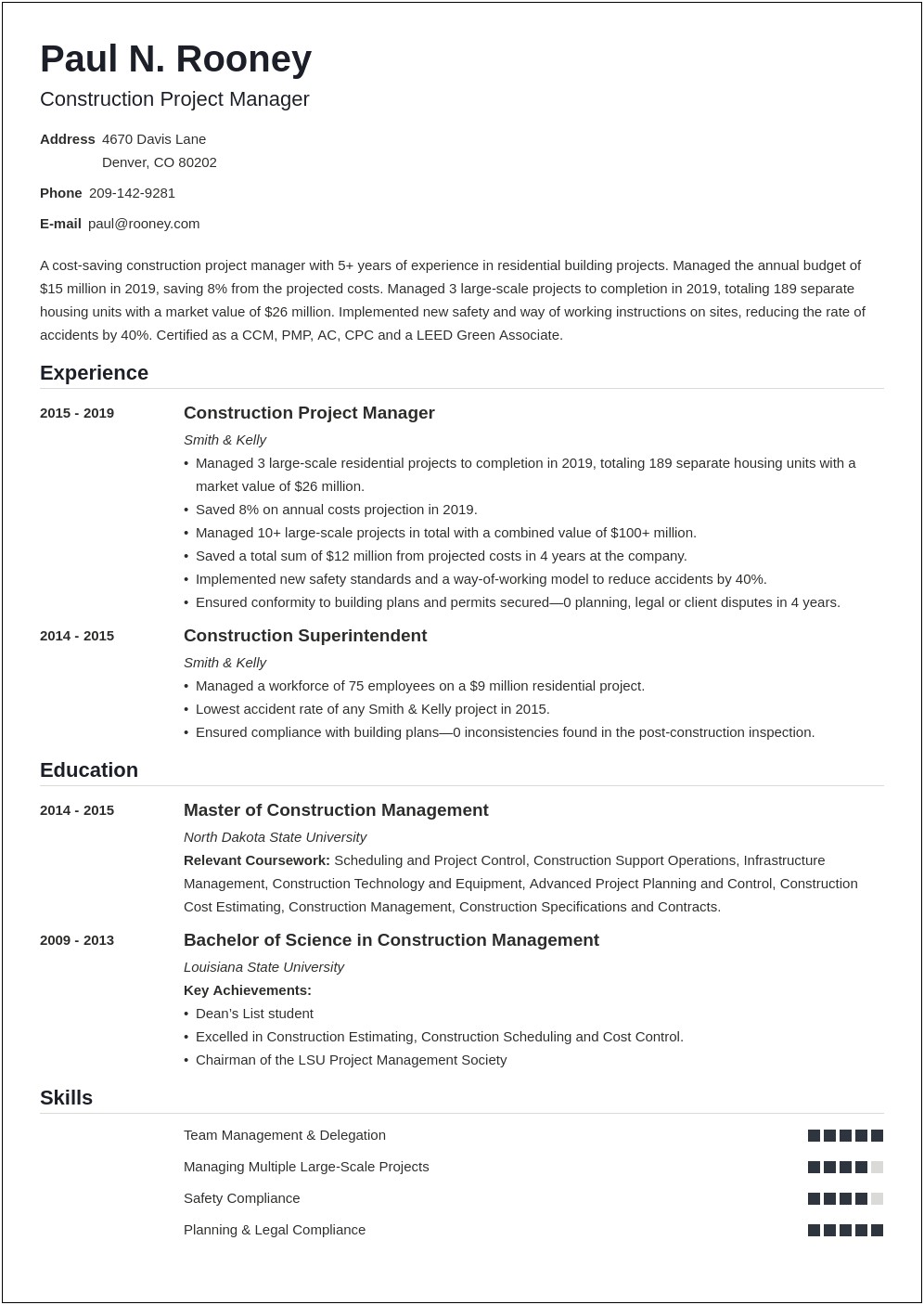 Resume Template For Construction Management