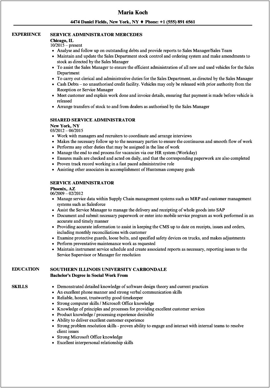 Resume Template For Customer Service Administrator