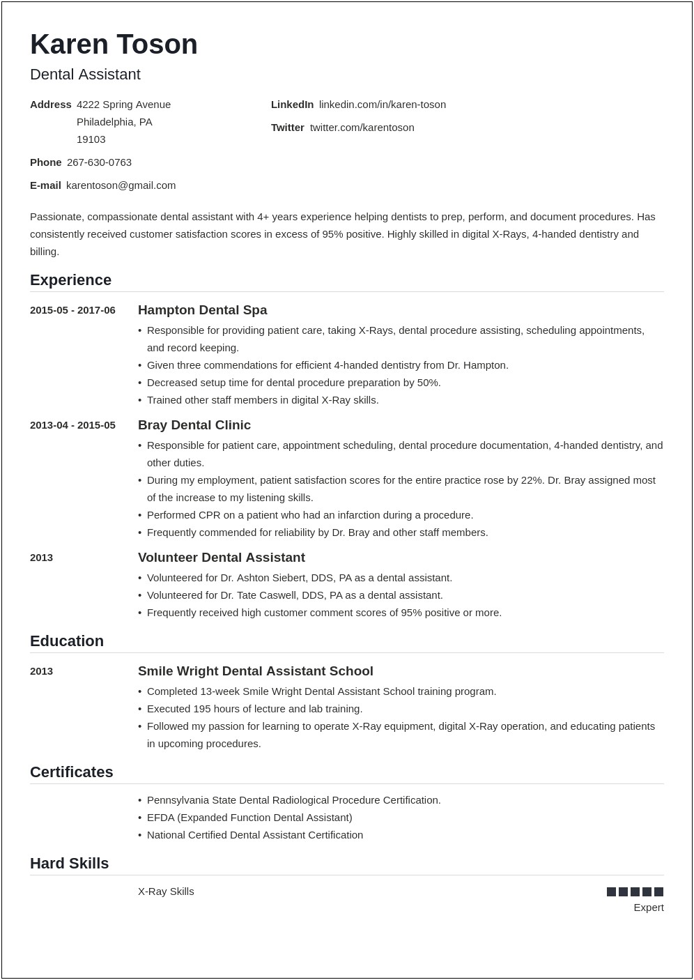 Resume Template For Dental Assistant Printable