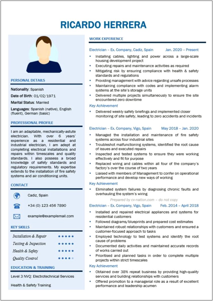 Resume Template For Electrical Manager Position