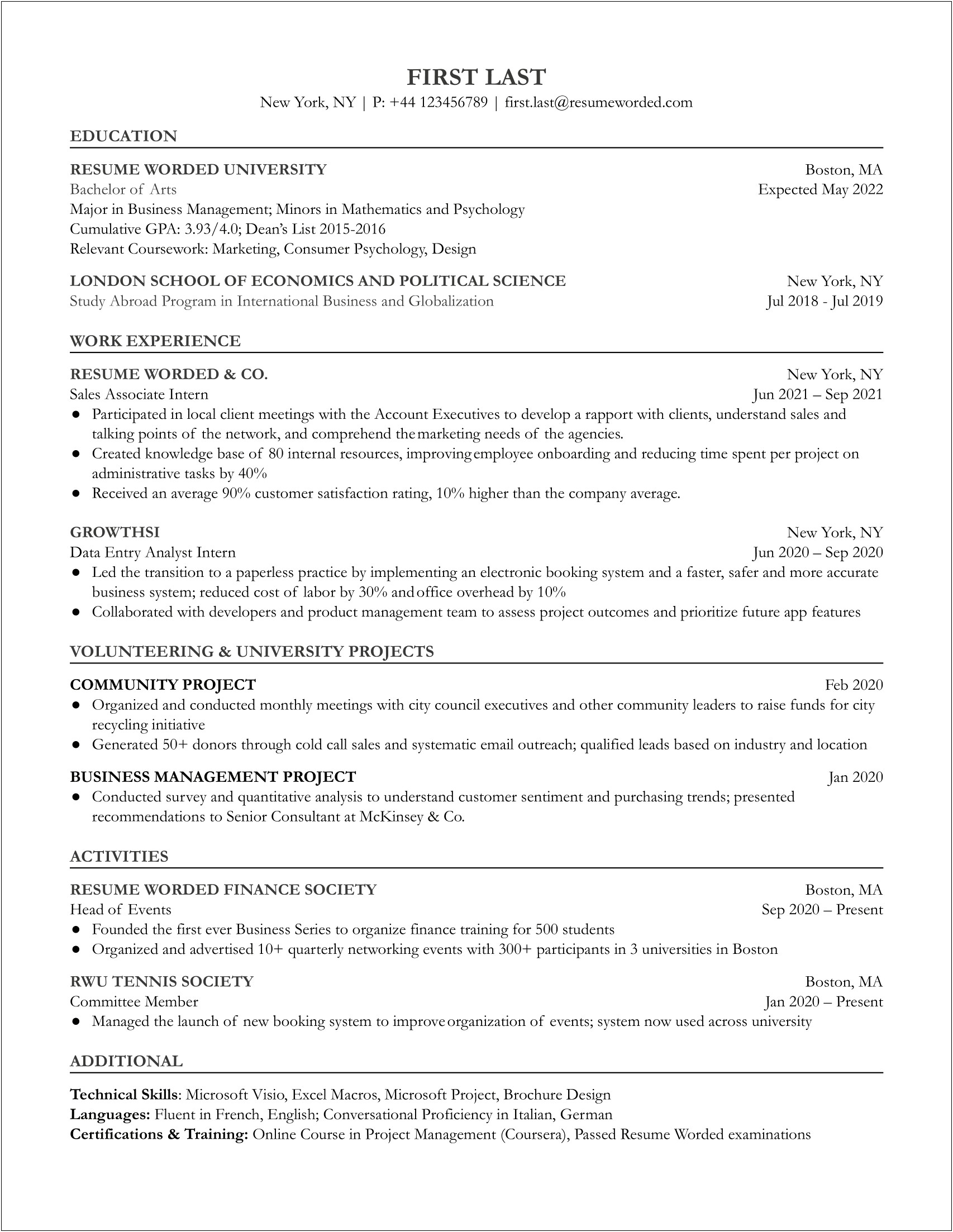 Resume Template For Entry Level Sales