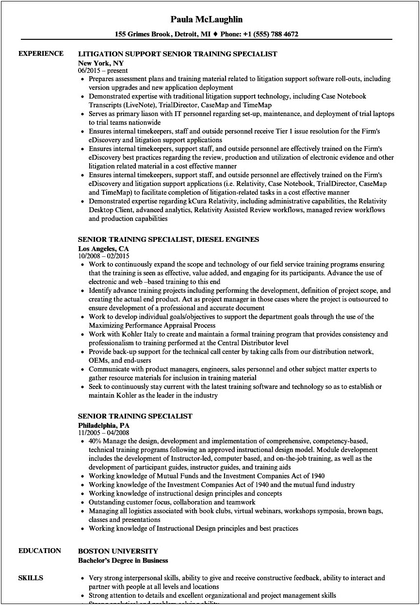 Resume Template For Including Special Training