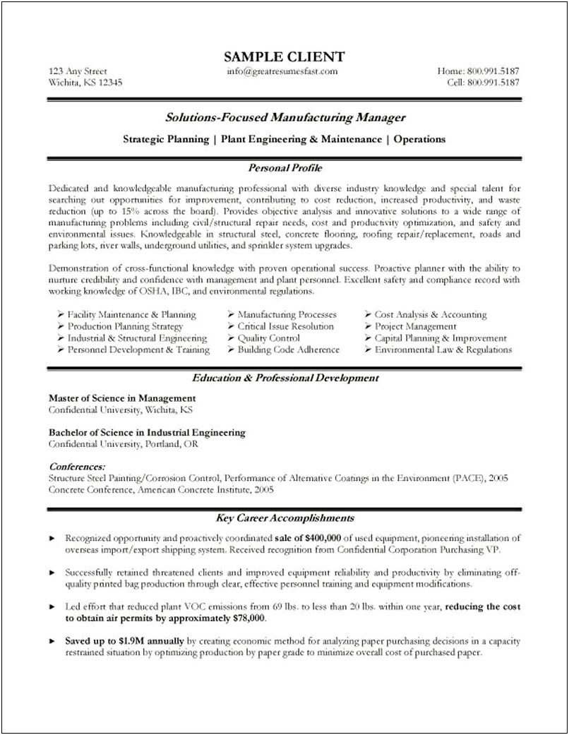 Resume Template For Manufacturing Job In Foam Products