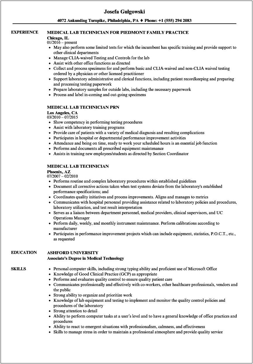 Resume Template For Medical Lab Technician