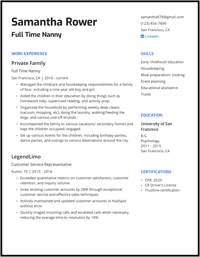 Resume Template For Nanny Job