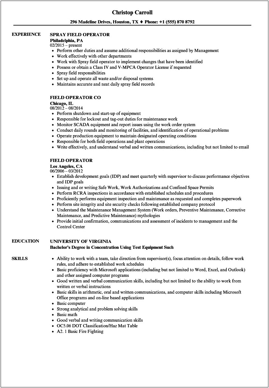 Resume Template For Oil And Gas Industry