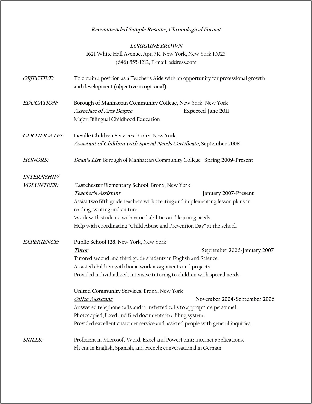 Resume Template For Teacher Assistant Position