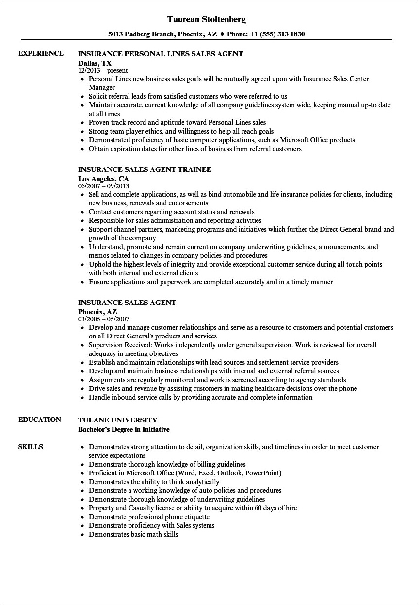 Resume Template Licensed Life And Health Insurance Agent