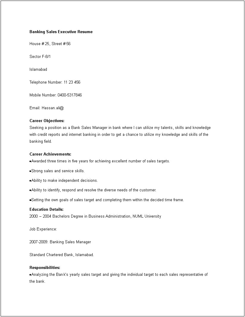 Resume Template Sales Manager Position