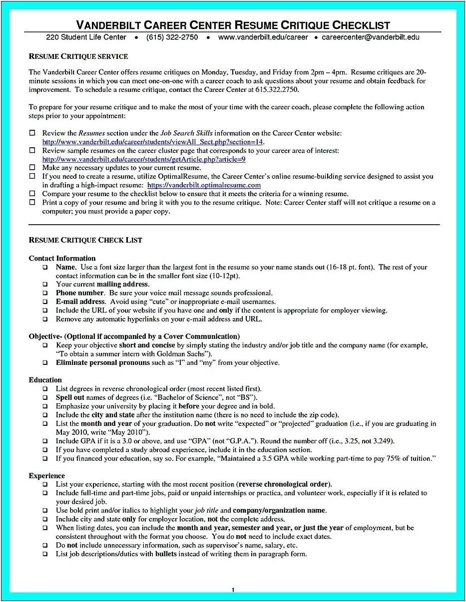 Resume Template Used By Vanderbilt Careeer Center