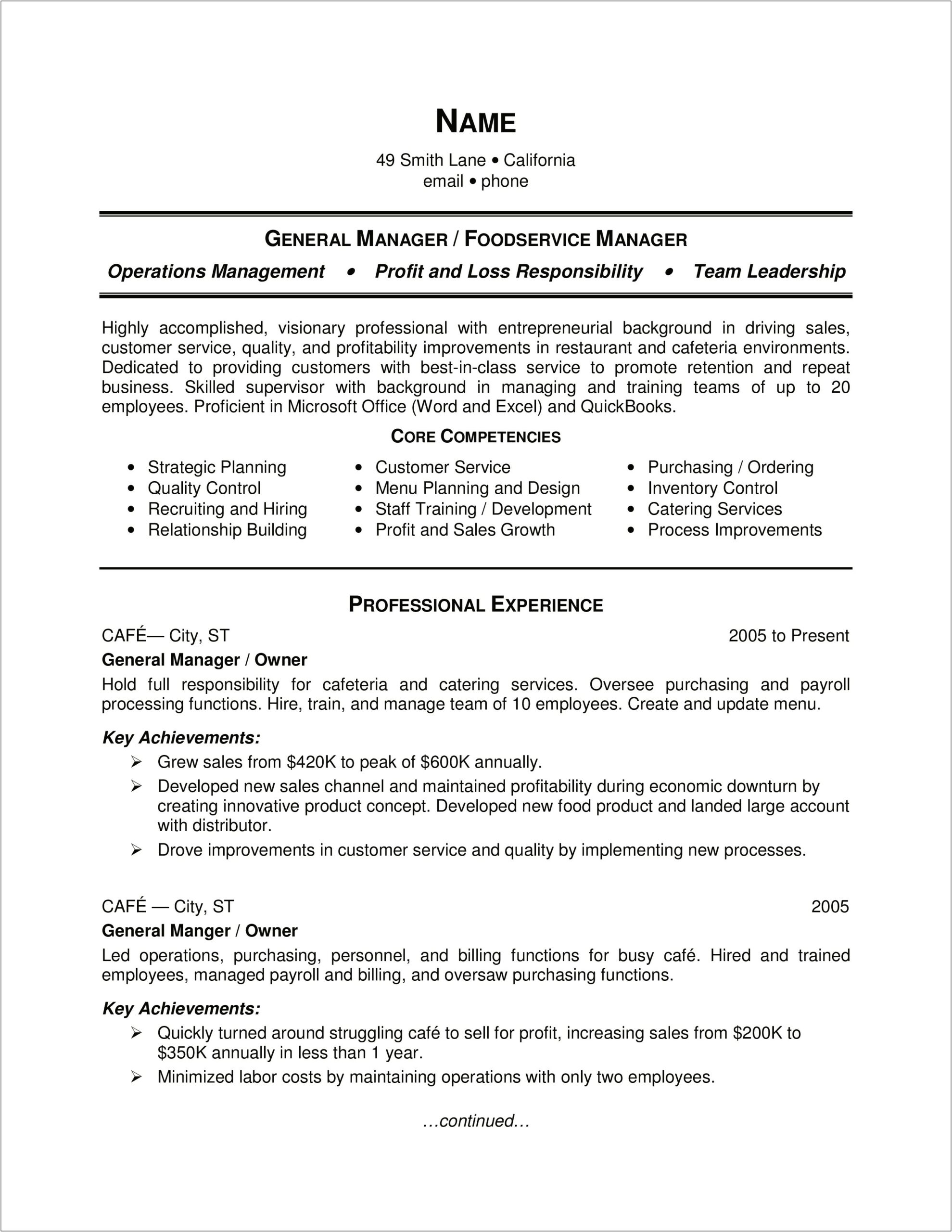 Resume Templates Food Service Manager