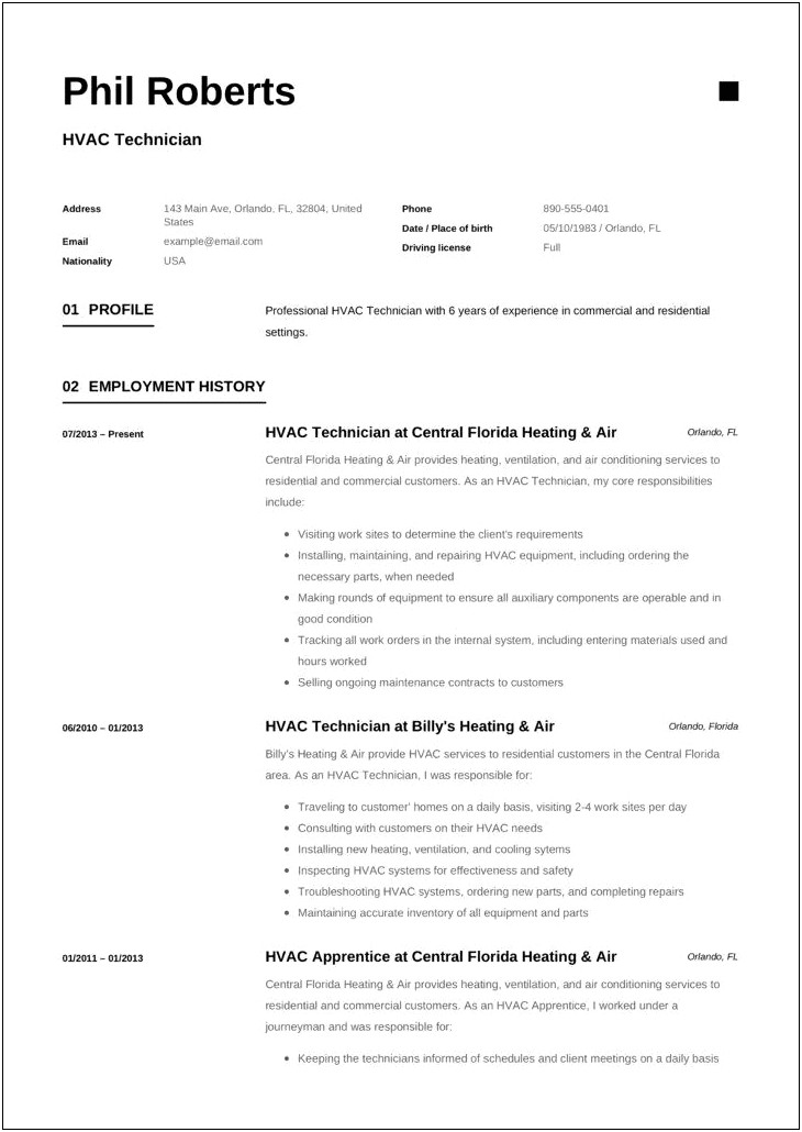 Resume Templates For Air Conditioning Service Tech