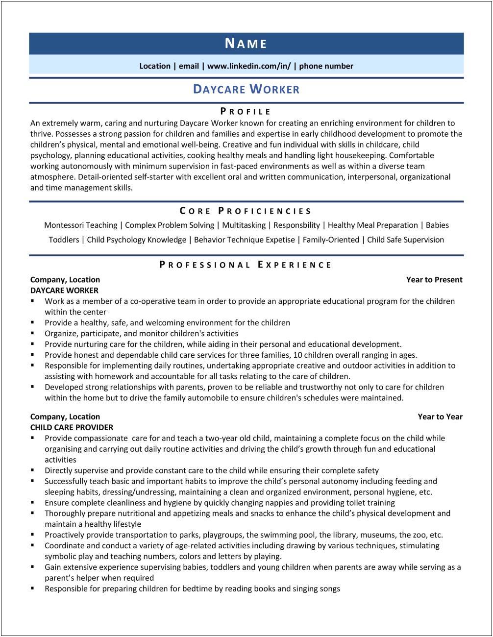 Resume Templates For Child Care Worker