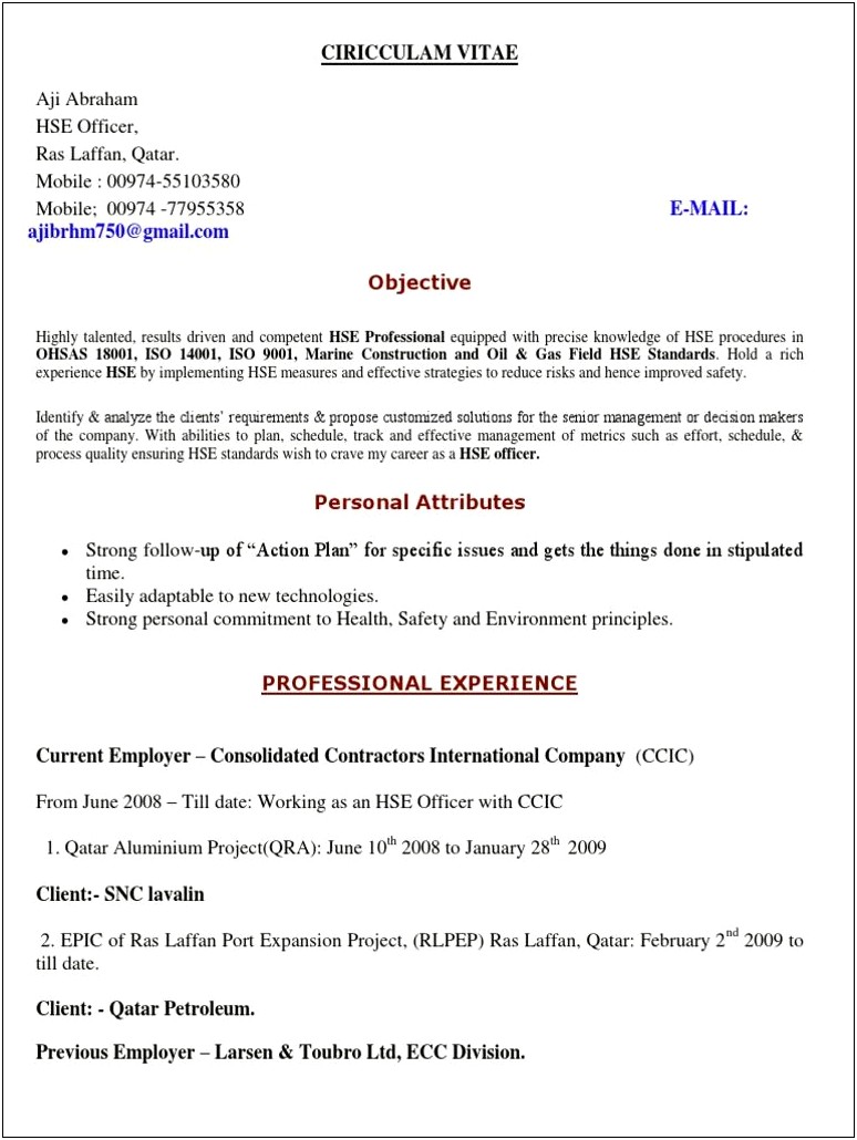 Resume Templates For Construction Safety Officer