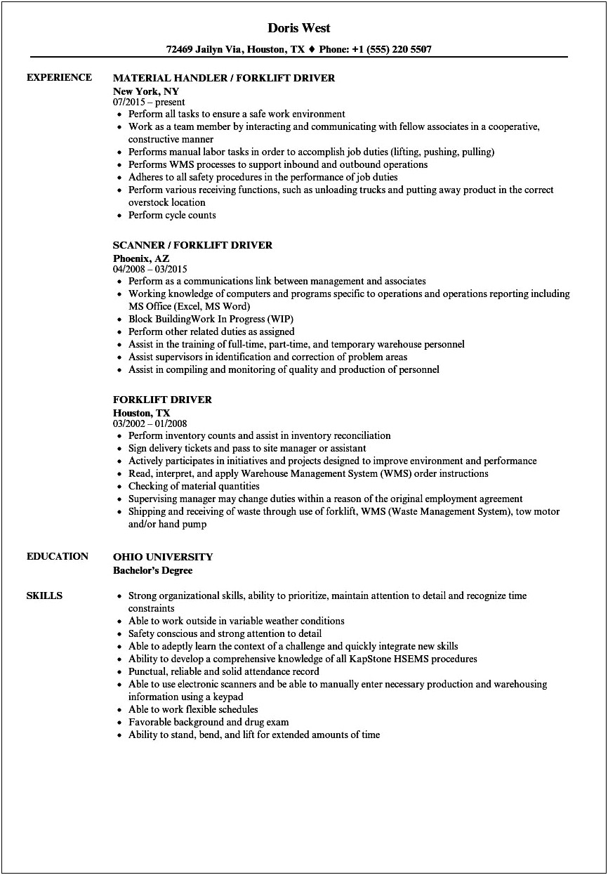 Resume Templates For Fork Lift Driver