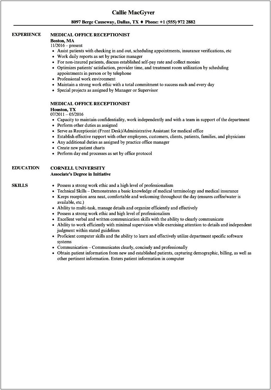 Resume Templates For Front Desk Receptionist