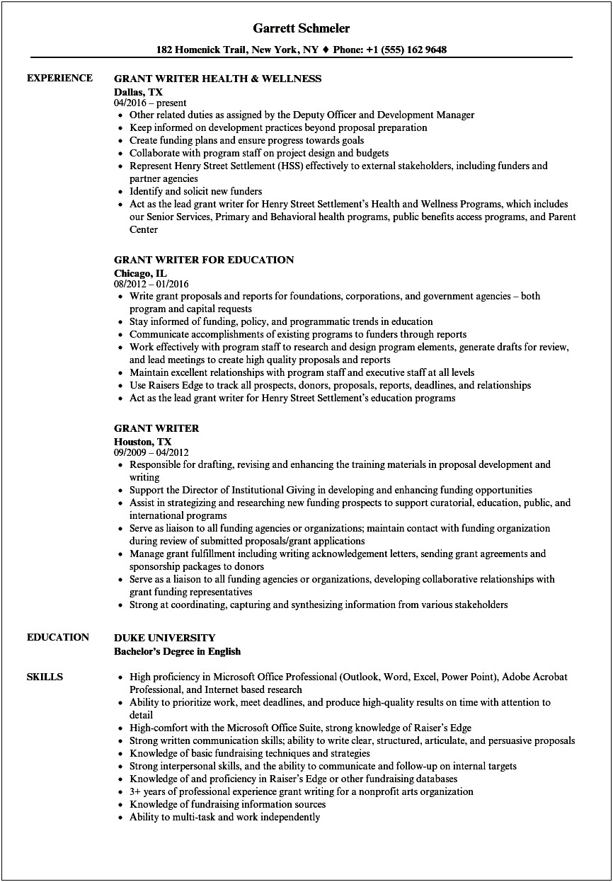 Resume Templates For Grant Managers