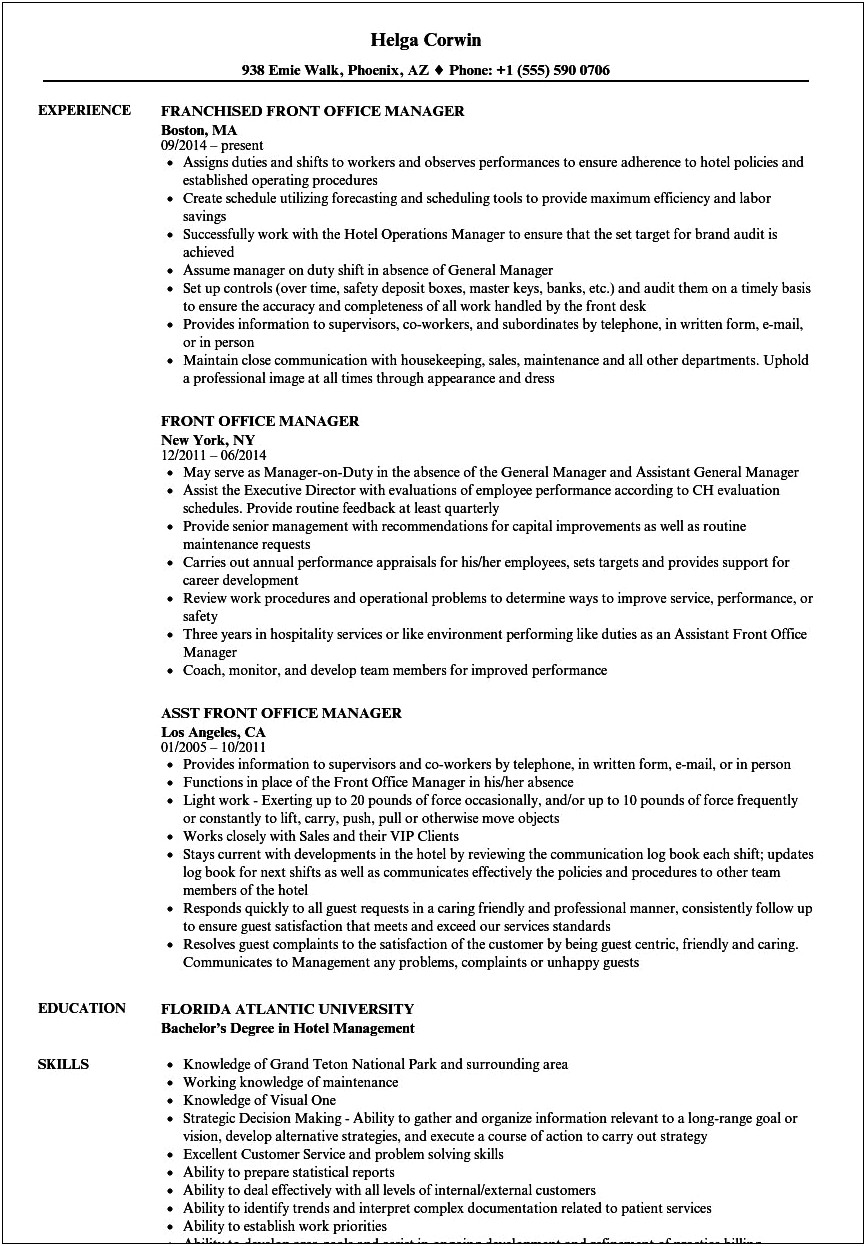 Resume Templates For Hospitality Management