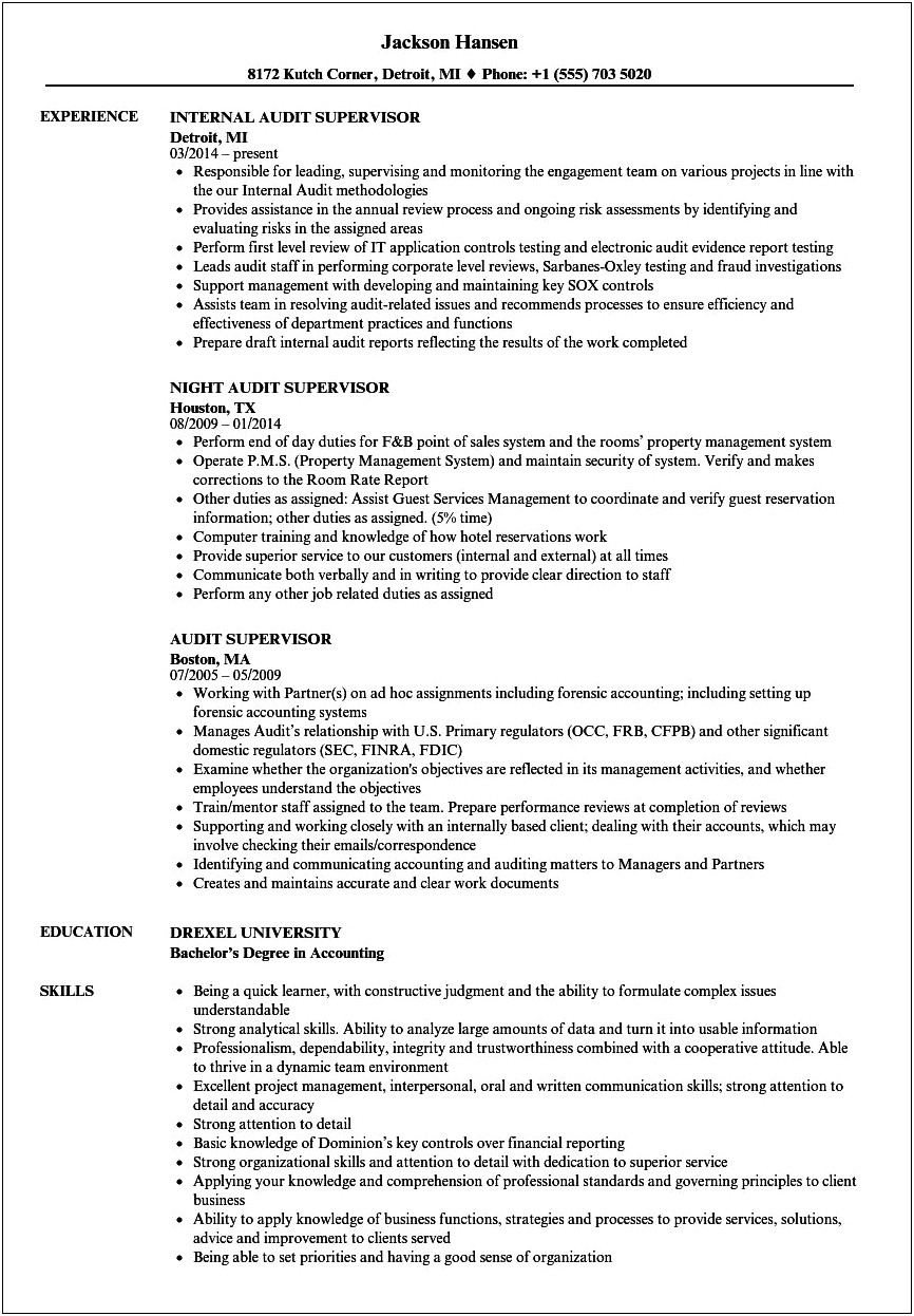 Resume Templates For Hotel Interal Auditor