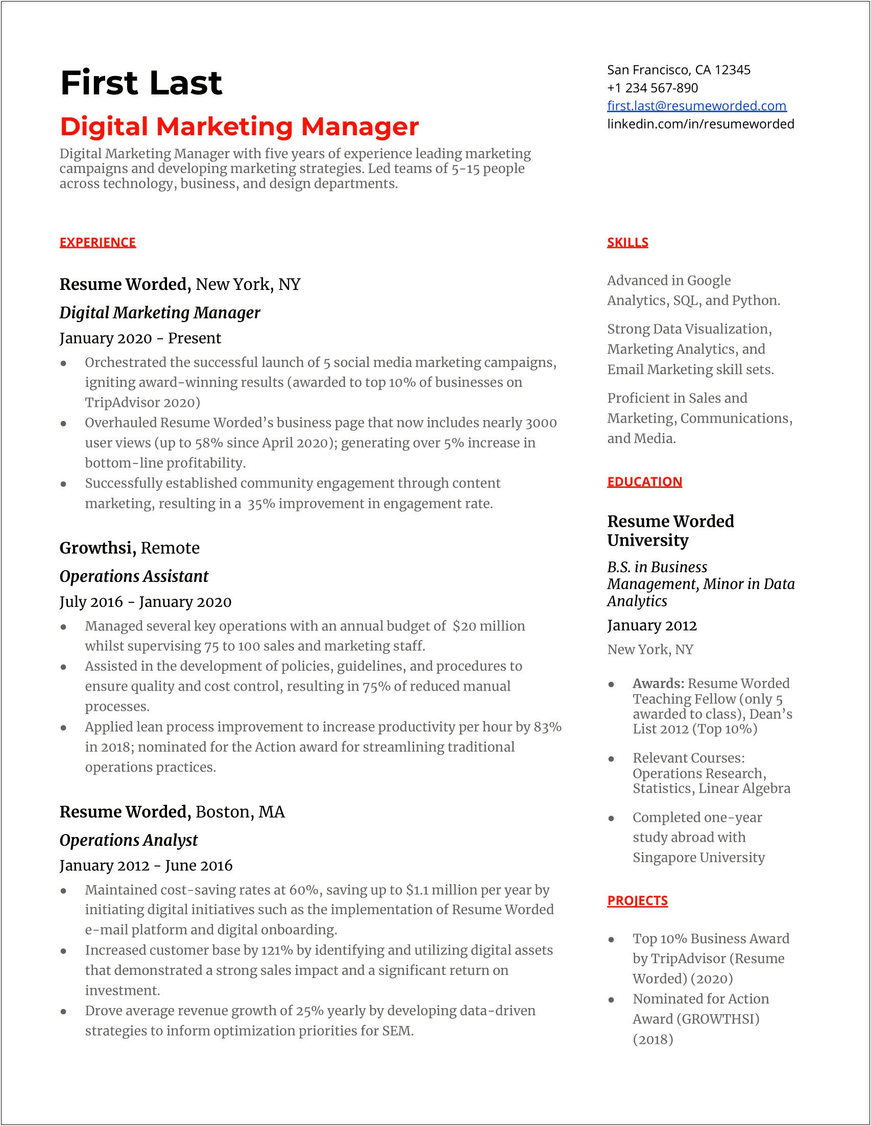 Resume Templates For Marketing Manager