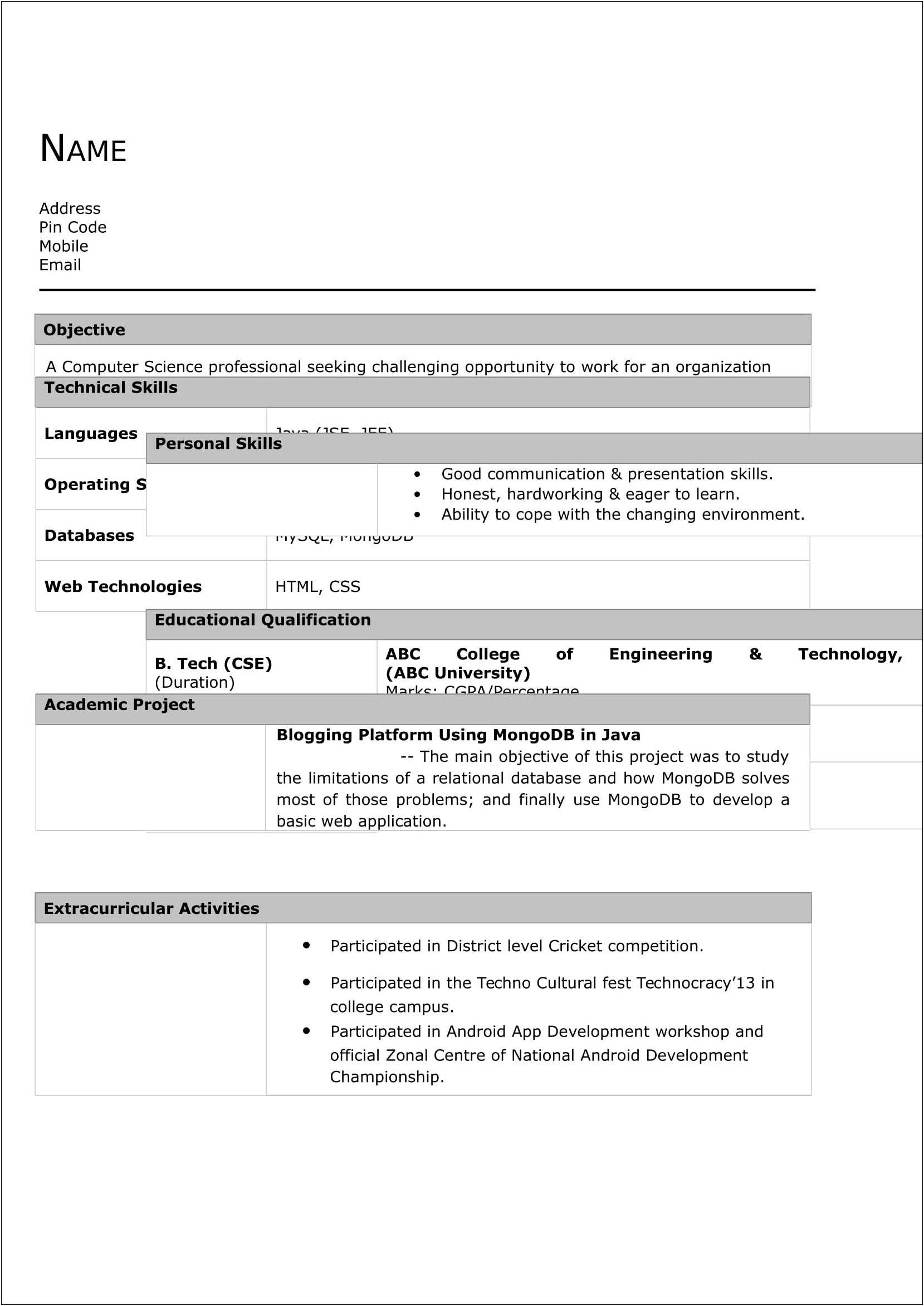 Resume Templates For Mechanical Engineering Freshers Quora