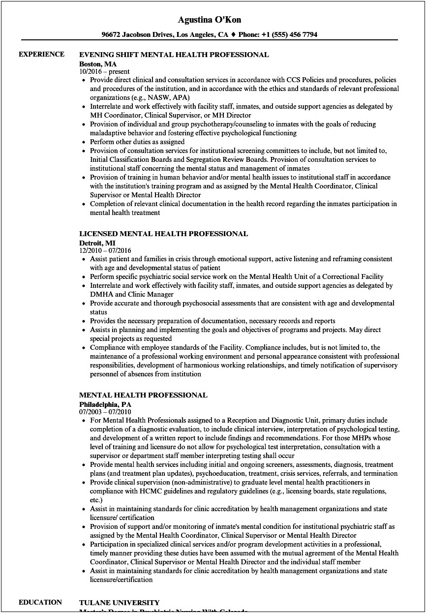 Resume Templates For Mental Health Workers