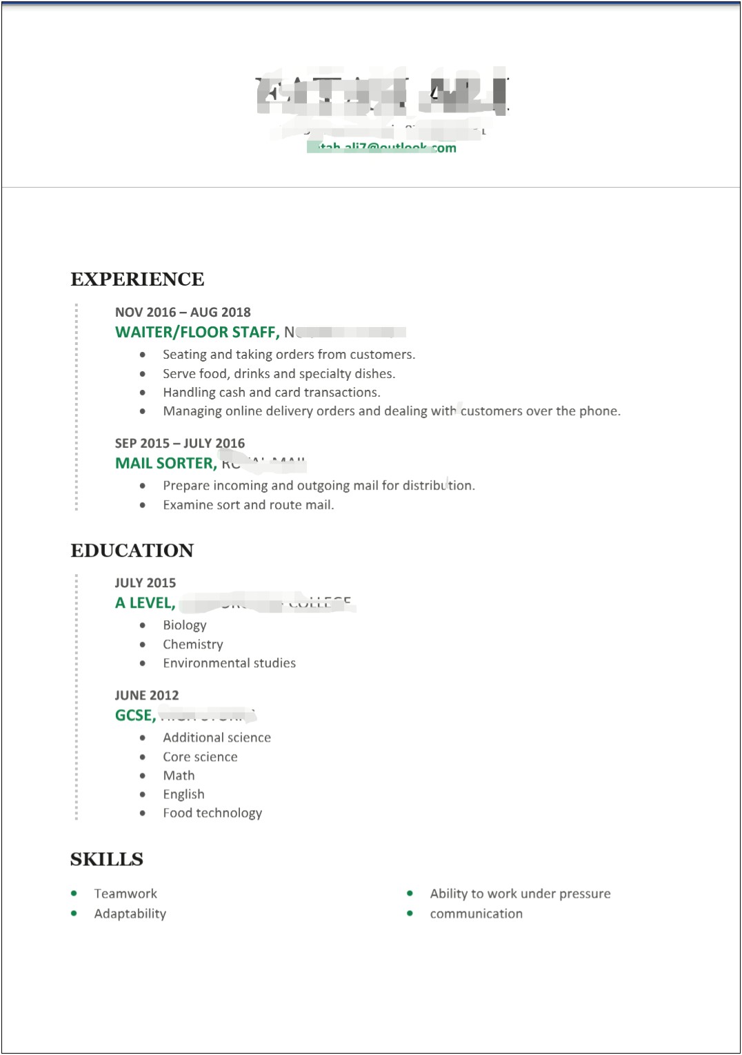 Resume Templates For Part Time Student