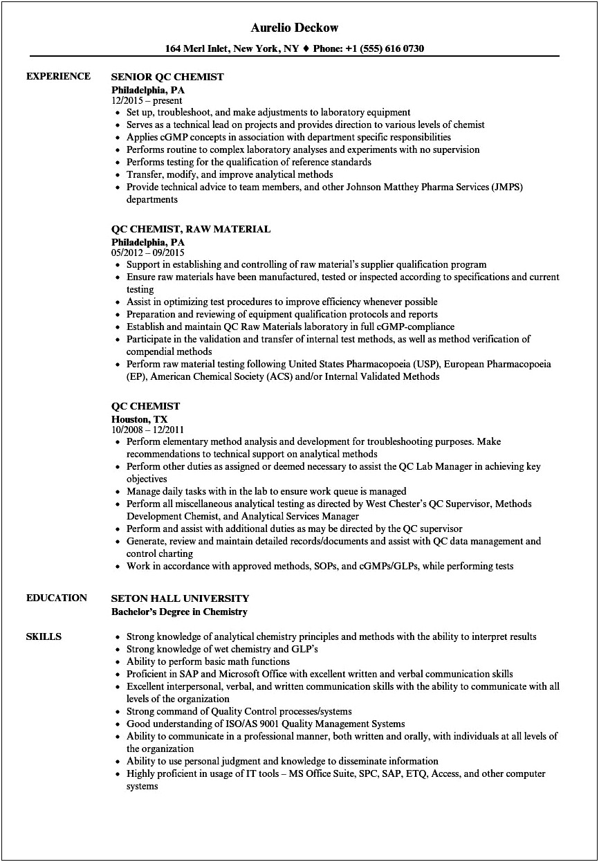 Resume Templates For Pharmaceutical Quality Control