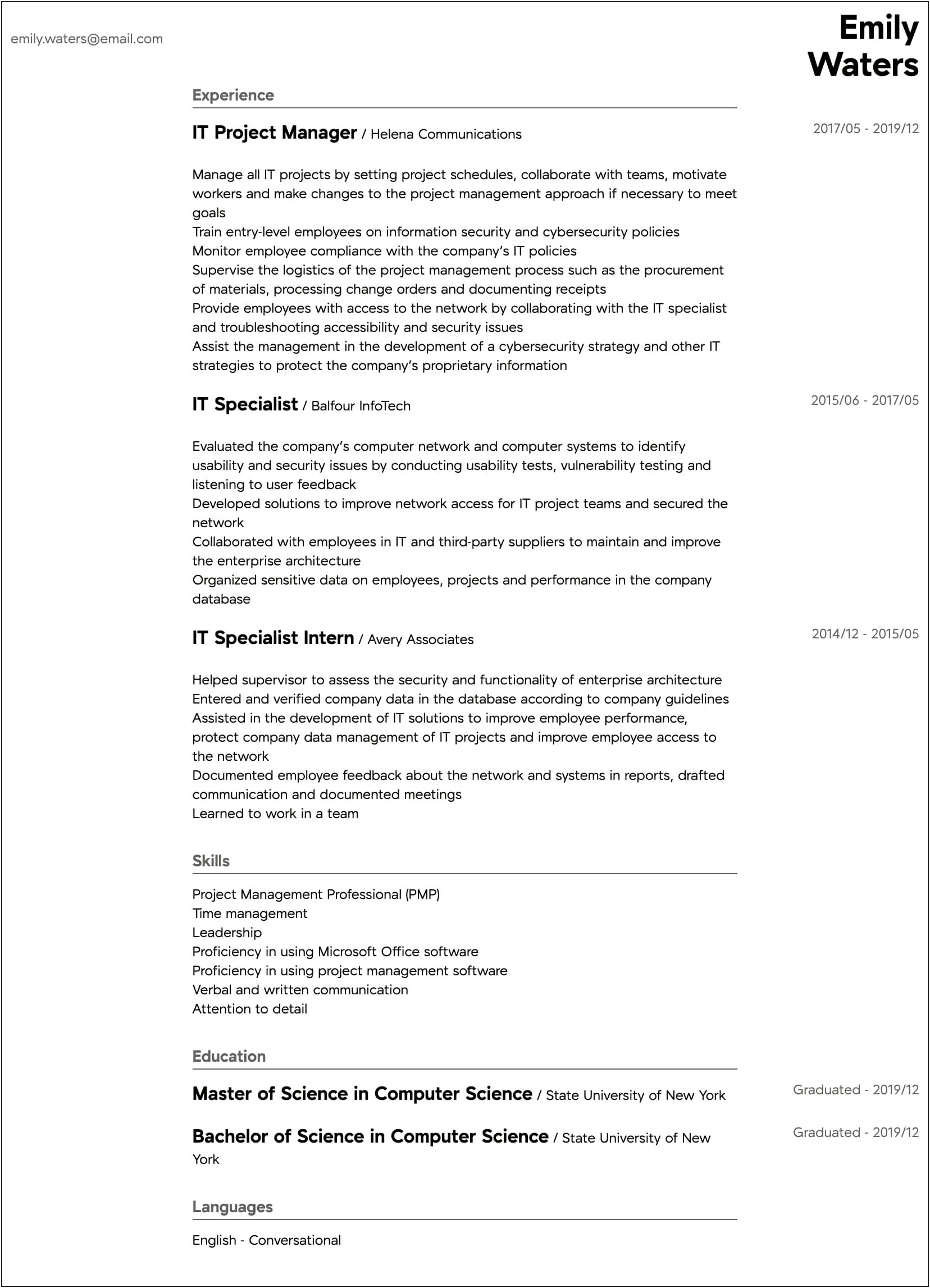 Resume Templates For Project Management Jobs