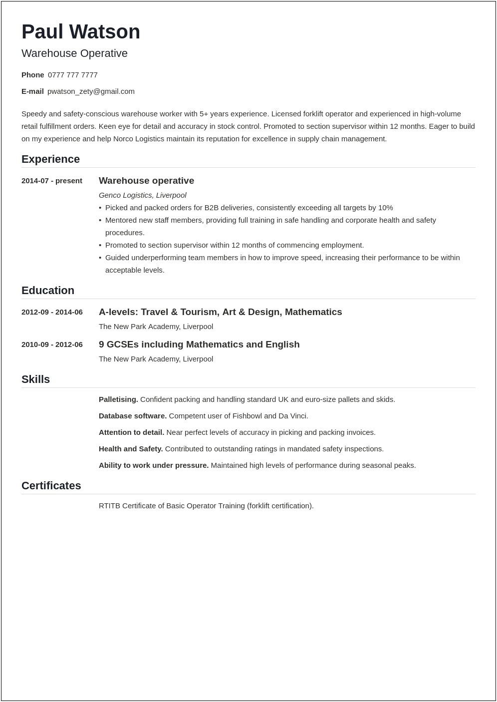 Resume Templates For Warehouse Jobs