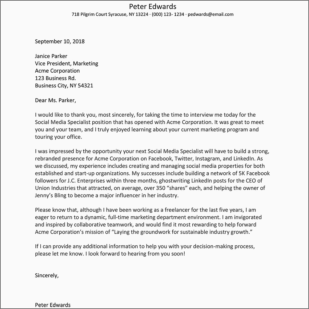 Resume Thank You Letter Example