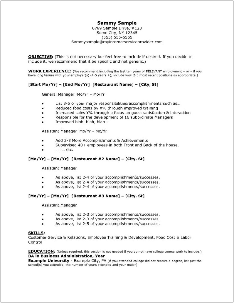 Resume Things To Say About A Restaraunt Job
