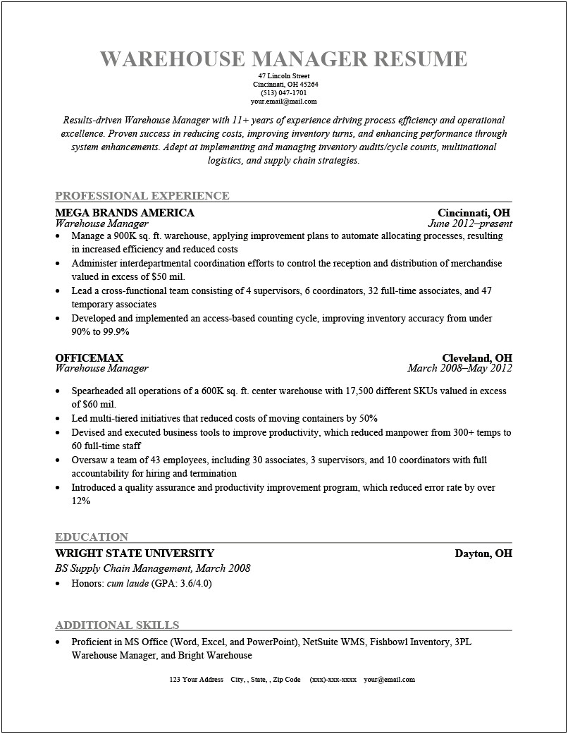 Resume Title And Summary For Warehouse Worker