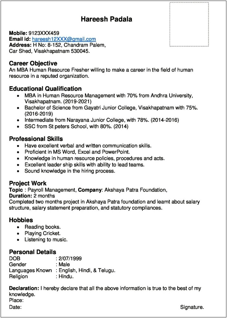 Resume Title Example For Fresher