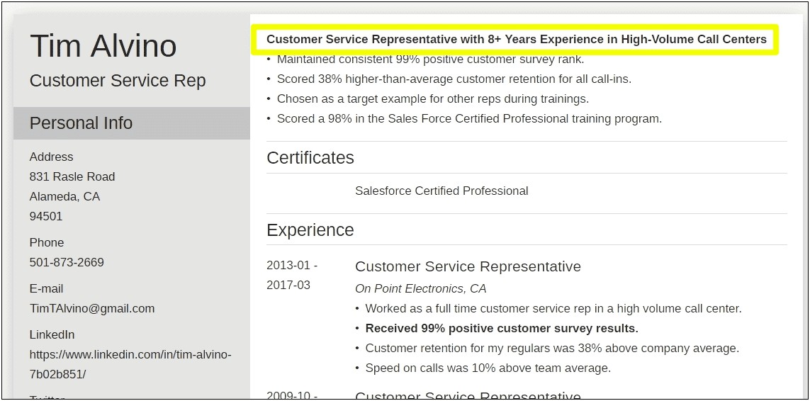 Resume Title For Customer Service Job