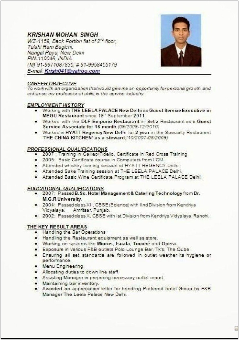 Resume To Apply For A Hotel Job