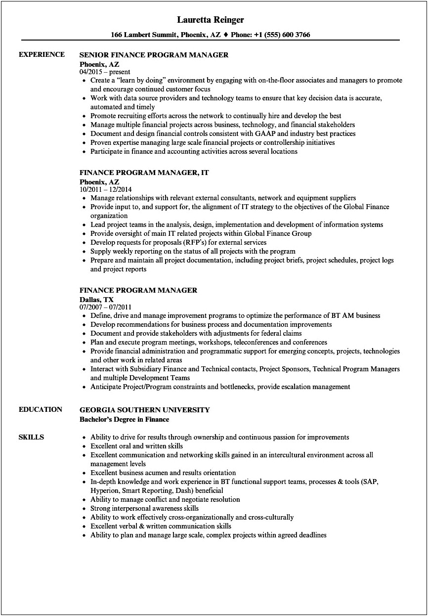 Resume To Become Automotive Finance Manager