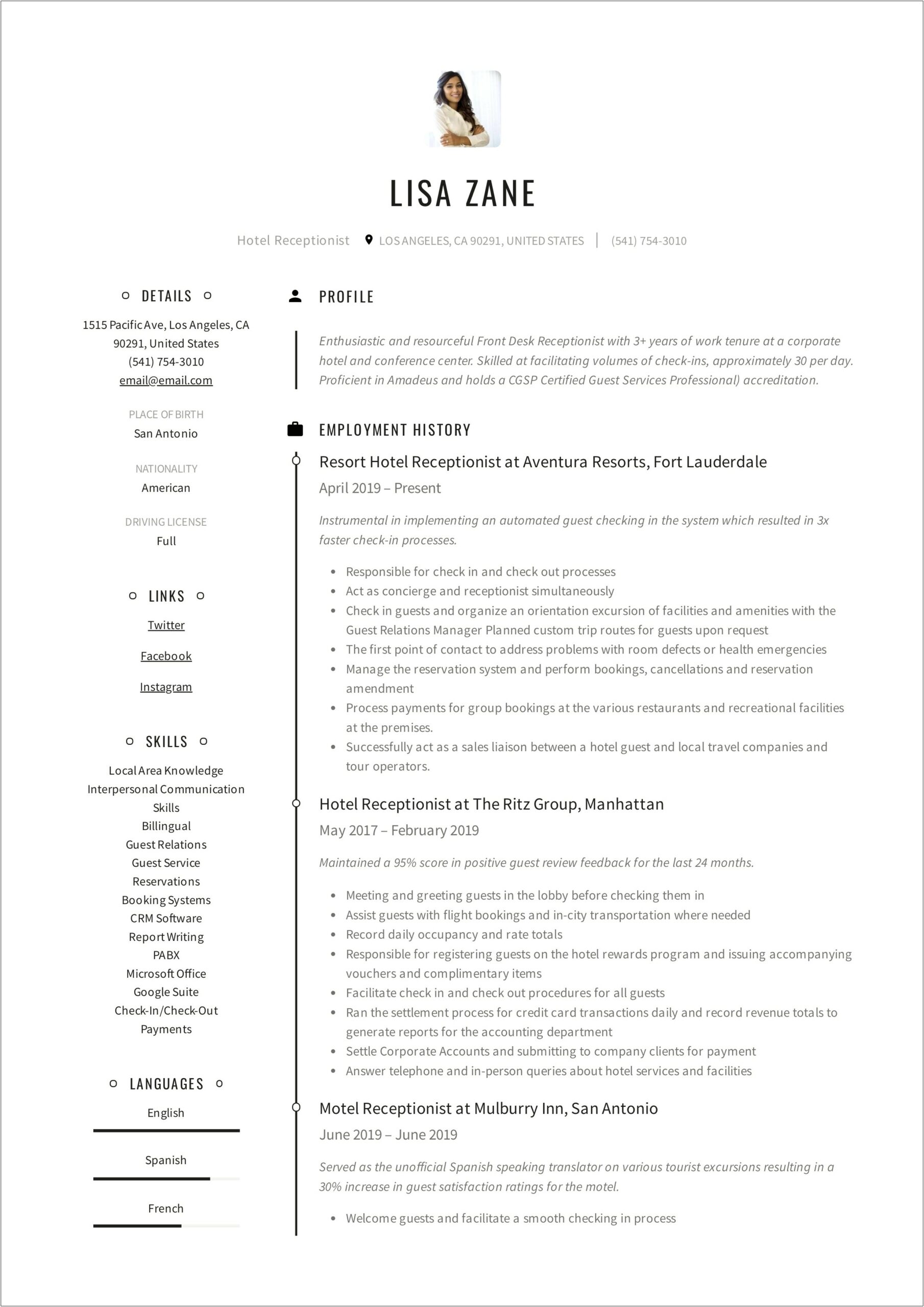 Resume To Get A Job As School Reception